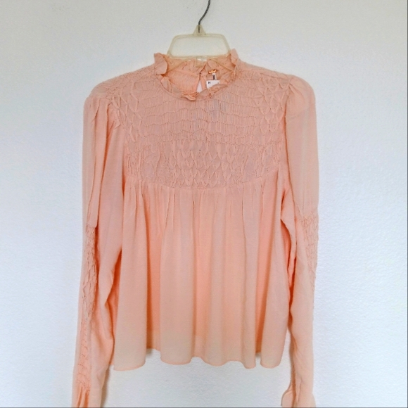 🫶🏻 Free People Smocked in Time High Neck Ruffled Button Back Blouse NWOT - Picture 3 of 9